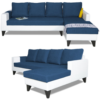 Adorn India Ashley Plain Leatherette Fabric L Shape 8 Seater Sofa Set with 2 Ottoman Puffy & Center Table RHS (Blue & White) (3 Year Warranty)