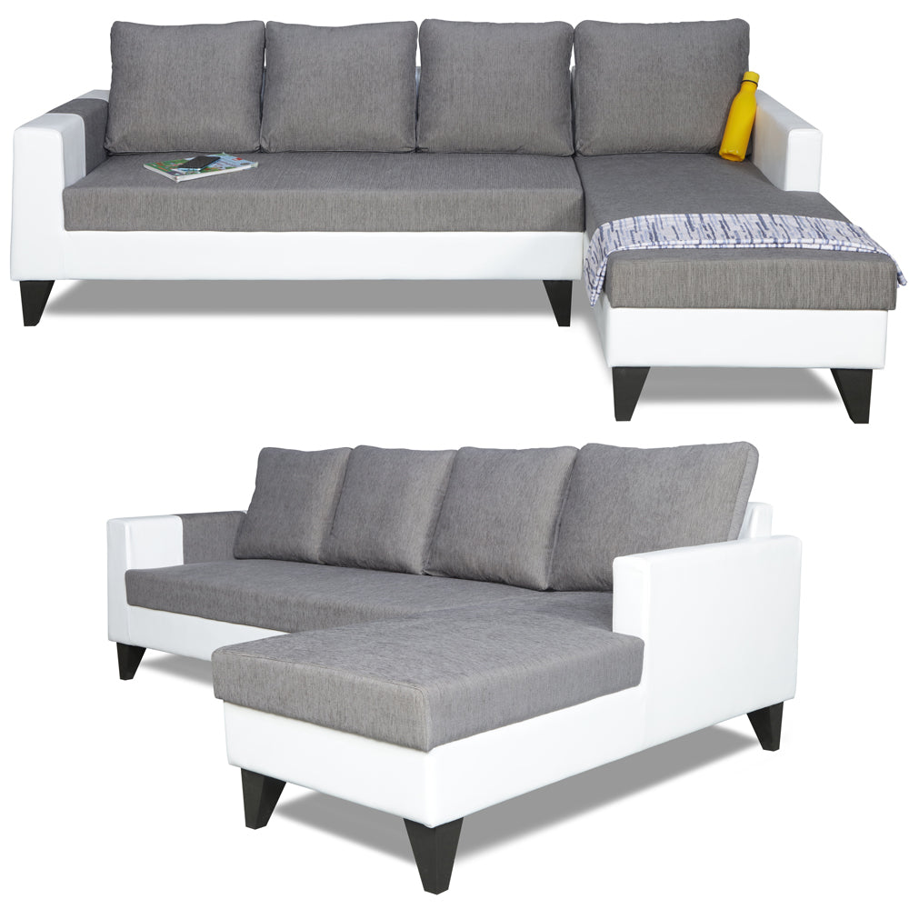 Adorn India Ashley Leatherette Fabric L Shape 6 Seater Sofa Set Plain (Right Hand Side) (Grey & White) (3 Year Warranty)