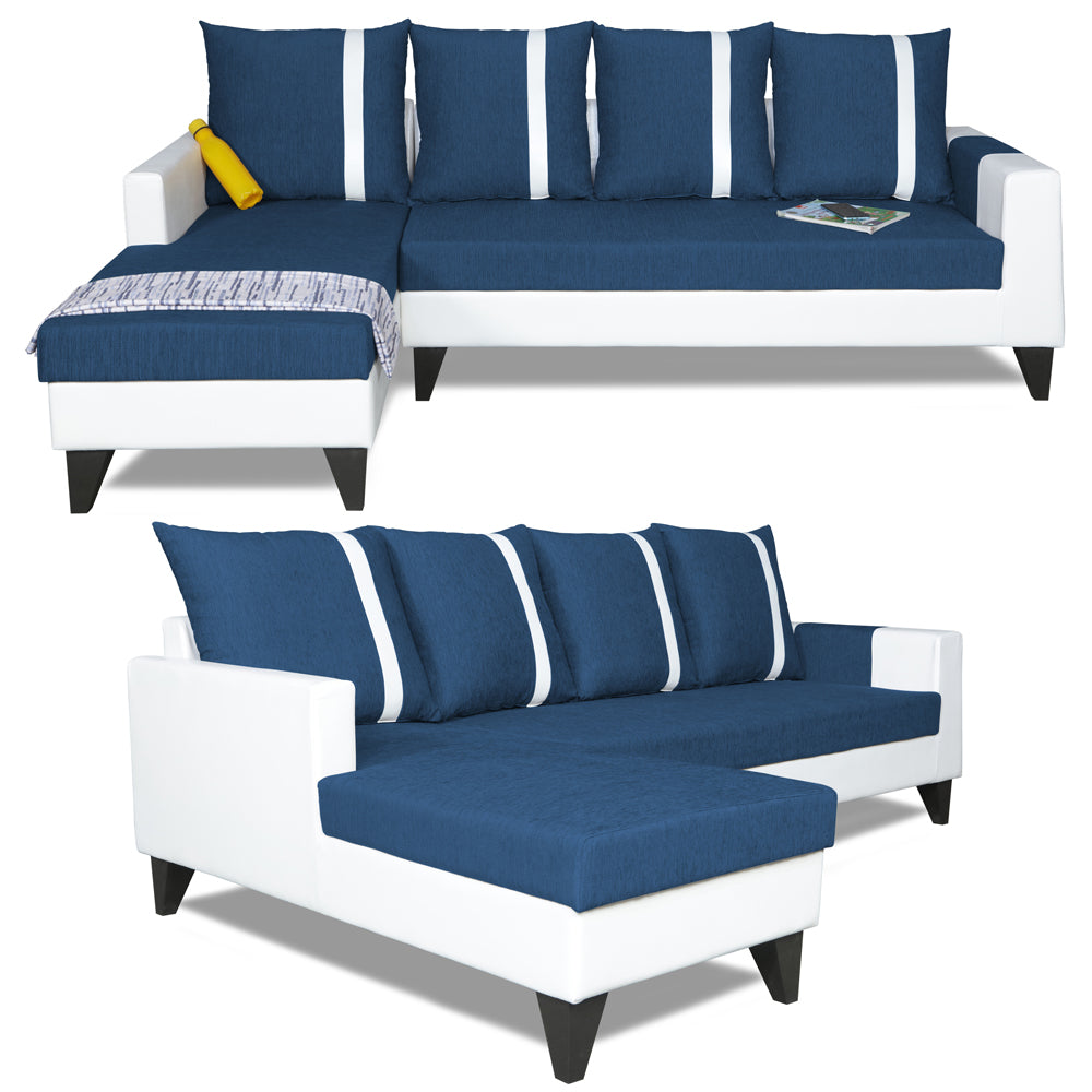 Adorn India Ashley Stripes Leatherette Fabric L Shape 8 Seater Sofa Set with 2 Ottoman Puffy & Center Table LHS (Blue & White) (3 Year Warranty)