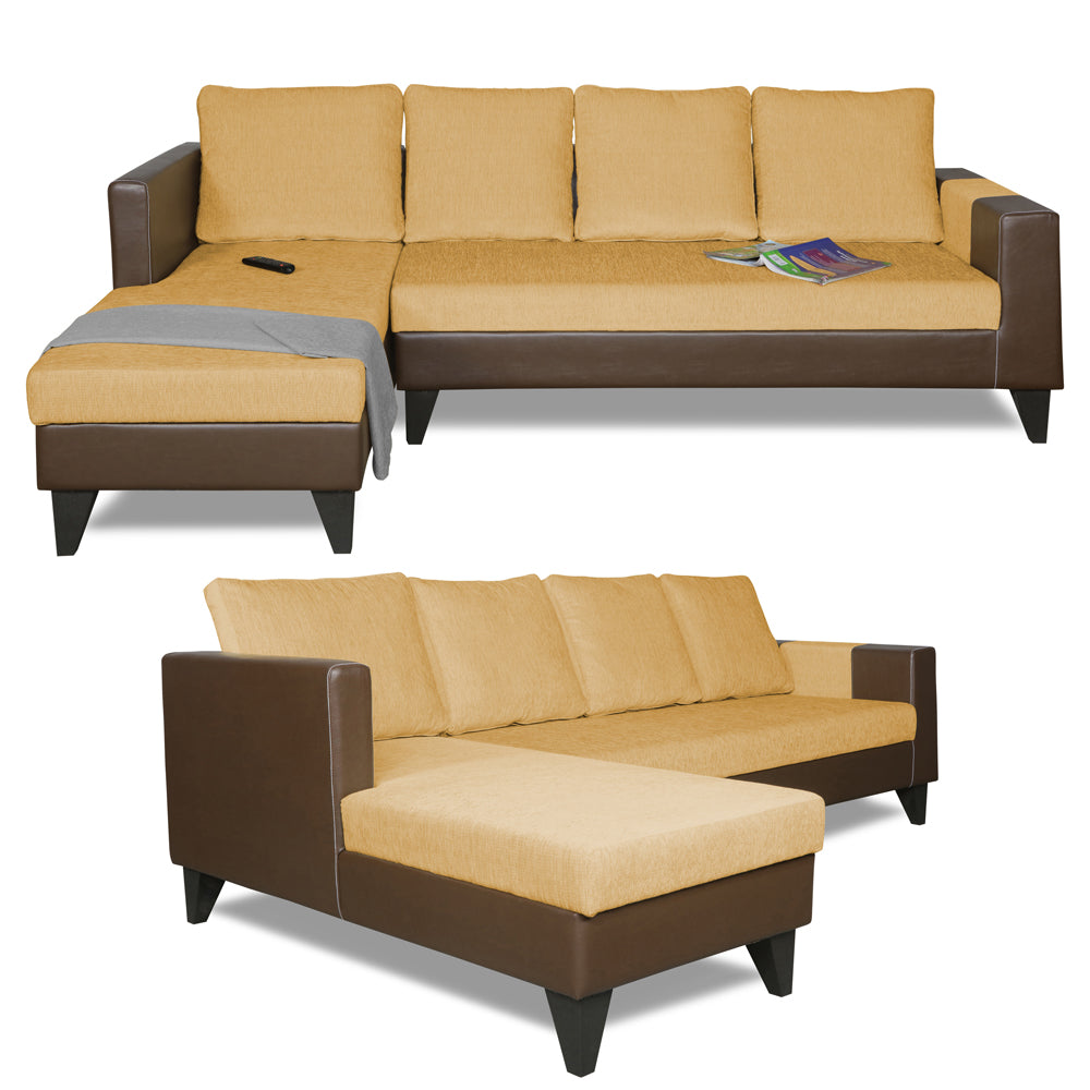 Adorn India Ashley L Shape 6 Seater Sofa Set Leatherette Fabric Plain (Left Hand Side) (Brown & Beige) (3 Year Warranty)
