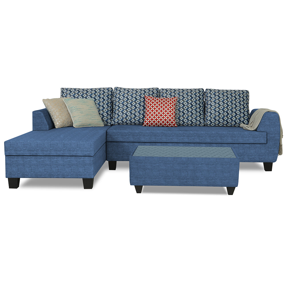 Adorn India Raiden Bricks Premium L Shape 6 Seater Sofa Set with Center Table (Left Hand Side) (Blue) (3 Year Warranty)