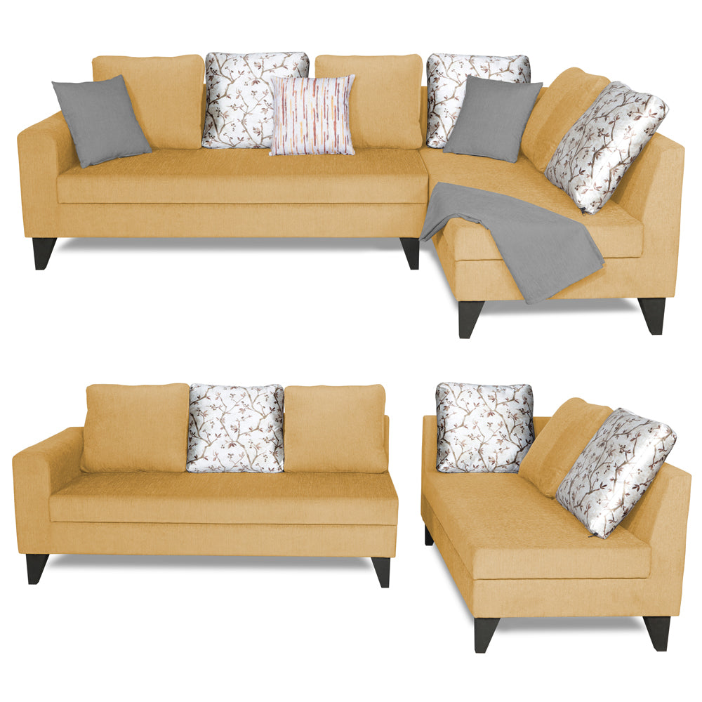 Adorn India Bryson L Shape 6 Seater Sofa Set Digitel Print (Right Hand Side) (Beige) (3 Year Warranty)