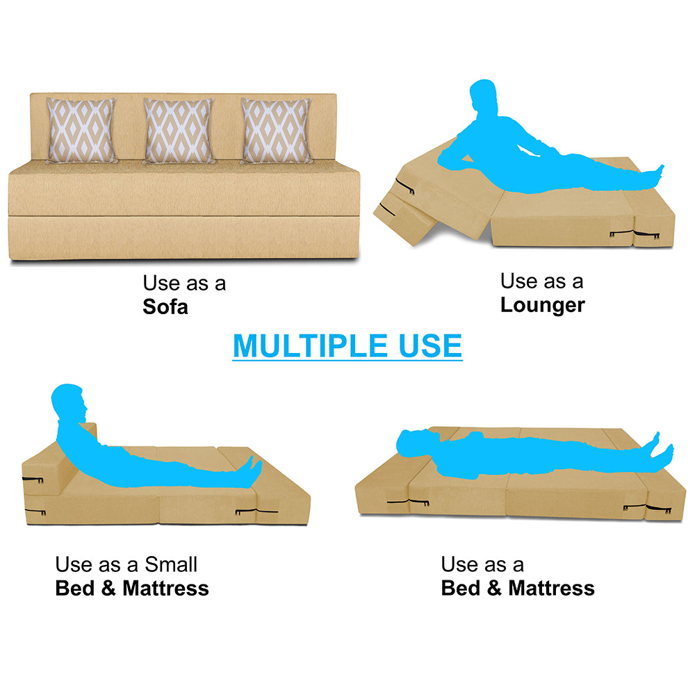 Adorn India Easy 3 Seater Sofa Cum Bed (Rhombus Pattern) Chennile Fabric - Washable Cover - Including 3 Cushion - Size 5' x 6' Ft (Beige Color) Perfect for Home & Office for Guests