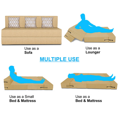 Adorn India Easy 3 Seater Sofa Cum Bed (Rhombus Pattern) Chennile Fabric - Washable Cover - Including 3 Cushion - Size 5' x 6' Ft (Beige Color) Perfect for Home & Office for Guests