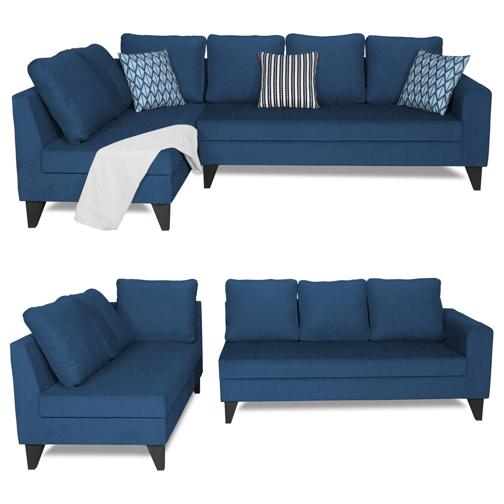 Adorn India Bryson L Shape 6 Seater Sofa Set Plain (Left Hand Side) (Blue) (3 Year Warranty)