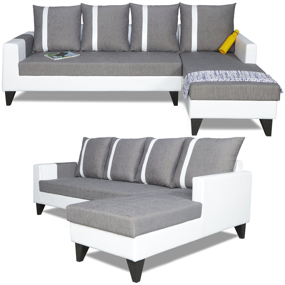 Adorn India Ashley Stripes Leatherette Fabric L Shape 8 Seater Sofa Set with 2 Ottoman Puffy & Center Table RHS (Grey & White) (3 Year Warranty)
