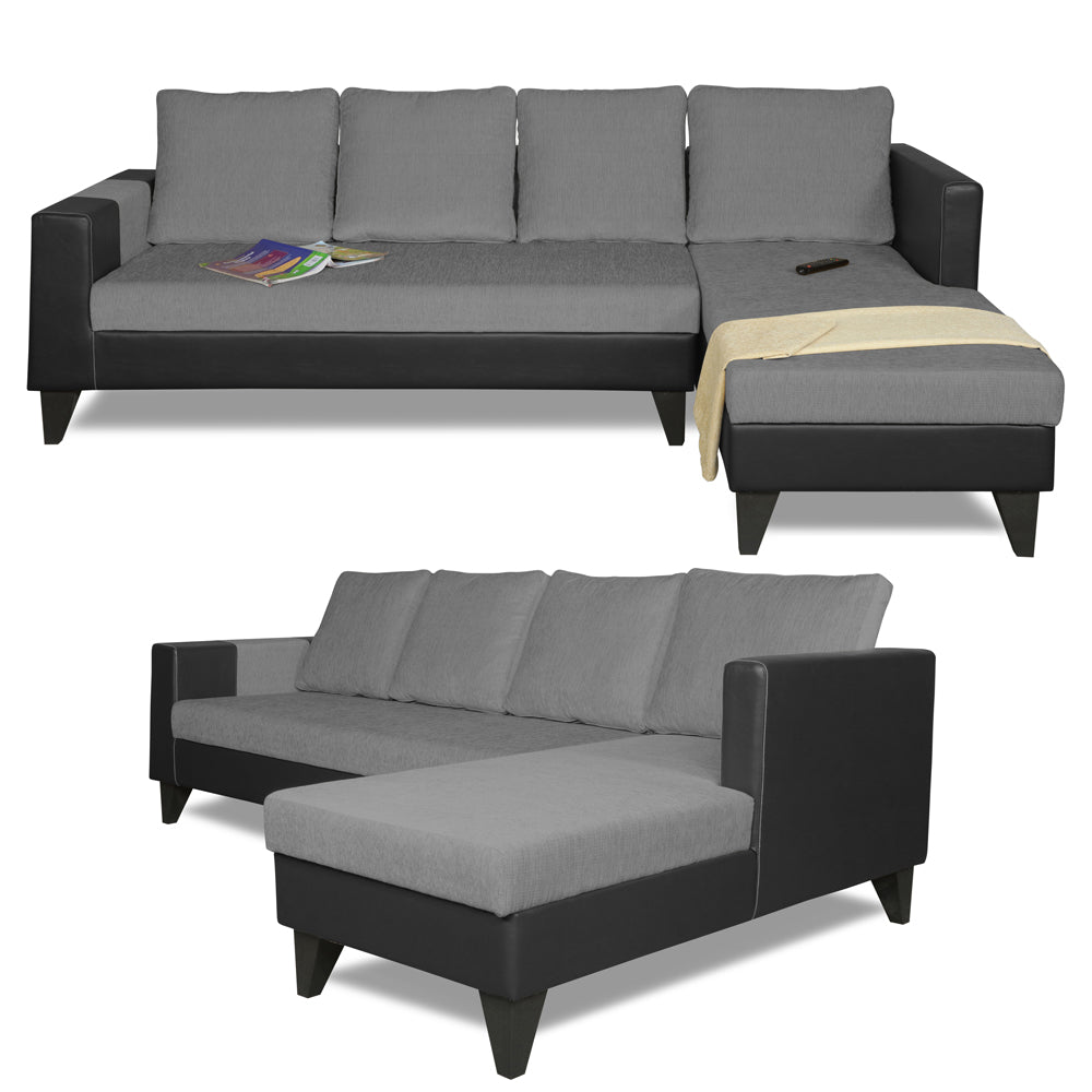 Adorn India Ashley L Shape 6 Seater Sofa Set Leatherette Fabric Plain (Right Hand Side) (Grey & Black) (3 Year Warranty)