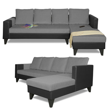 Adorn India Ashley L Shape 6 Seater Sofa Set Leatherette Fabric Plain (Right Hand Side) (Grey & Black) (3 Year Warranty)