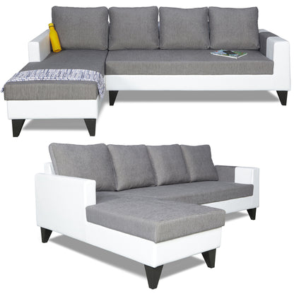 Adorn India Ashley Leatherette Fabric L Shape 6 Seater Sofa Set Plain (Left Hand Side) (Grey & White) (3 Year Warranty)