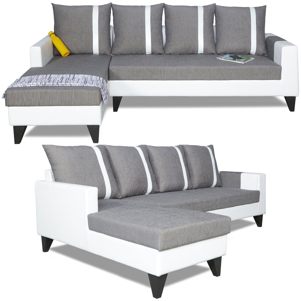 Adorn India Ashley Leatherette Fabric L Shape 6 Seater Sofa Set Stripes (Left Hand Side) (Grey & White) (3 Year Warranty)