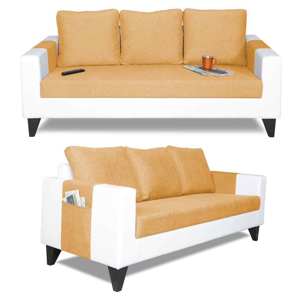 Adorn India Ashley Plain Leatherette Fabric 3 Seater Sofa (Beige & White) (3 Year Warranty)
