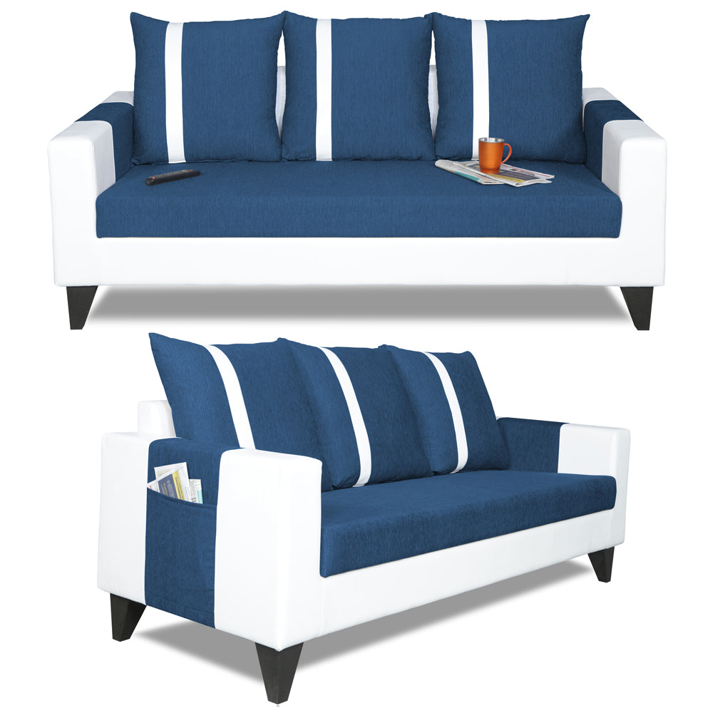 Adorn India Ashley Stripes Leatherette Fabric 3 Seater Sofa (Blue & White) (3 Year Warranty)