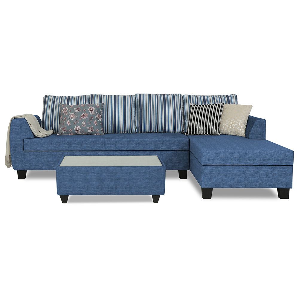 Adorn India Raiden Stripes L Shape 6 Seater Sofa Set with Center Table (Right Hand Side) (Blue) (3 Year Warranty)