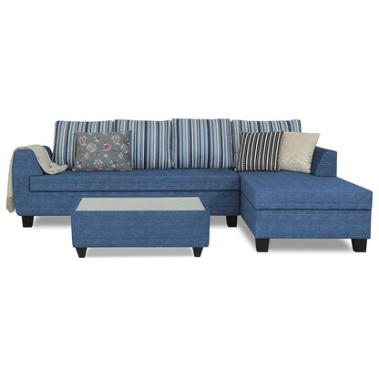 Adorn India Raiden Stripes L Shape 6 Seater Sofa Set with Center Table (Right Hand Side) (Blue) (3 Year Warranty)