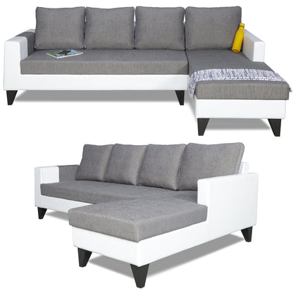 Adorn India Ashley Plain Leatherette Fabric L Shape 8 Seater Sofa Set with 2 Ottoman Puffy & Center Table RHS (Grey & White) (3 Year Warranty)