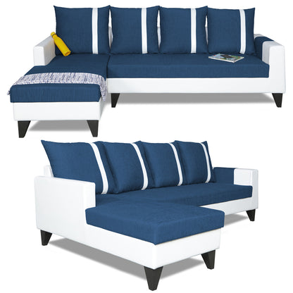 Adorn India Ashley Leatherette Fabric L Shape 6 Seater Sofa Set Stripes (Left Hand Side) (Blue & White) (3 Year Warranty)