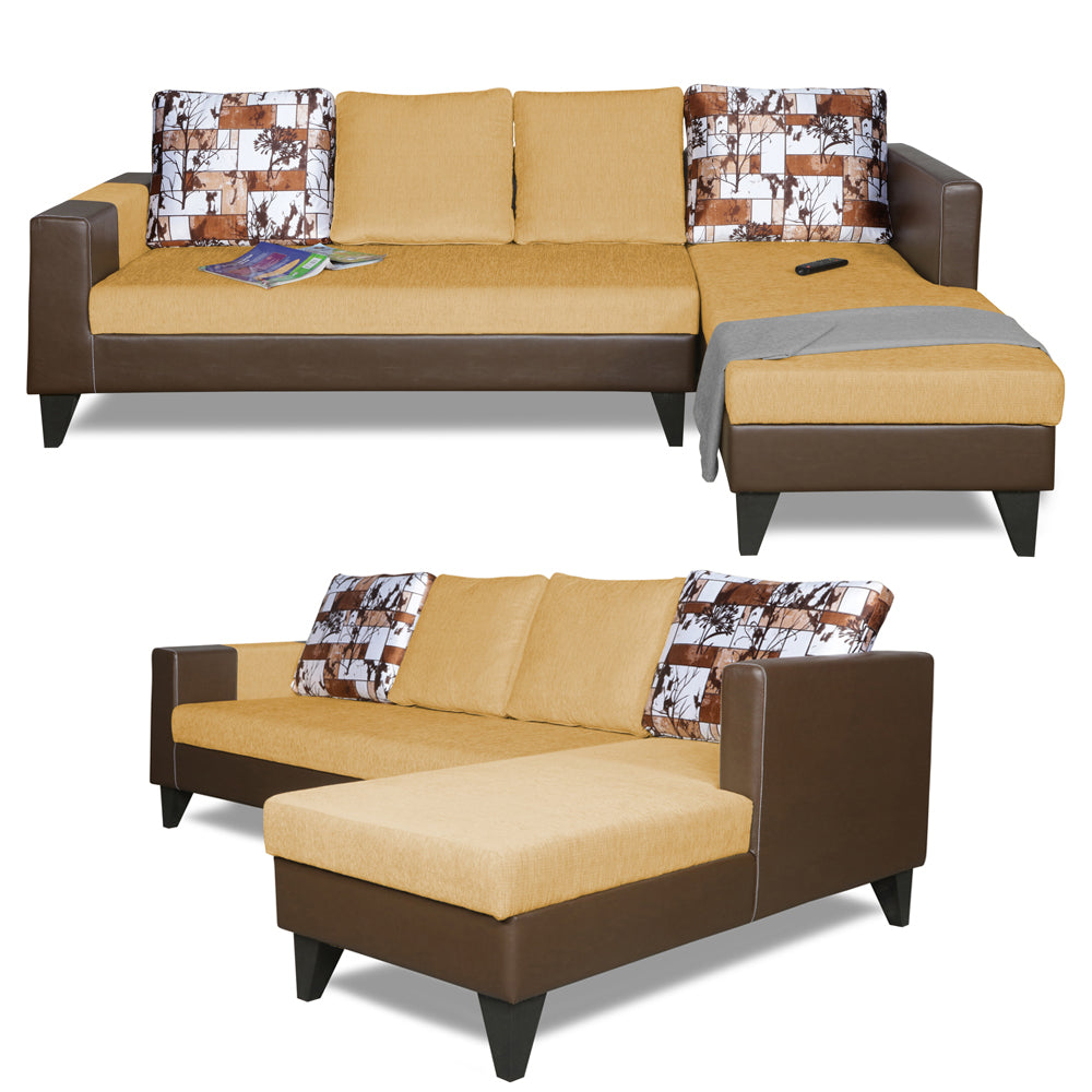 Adorn India Ashley L Shape 6 Seater Sofa Set Leatherette Fabric Digitel Print (Right Hand Side) (Brown & Beige) (3 Year Warranty)