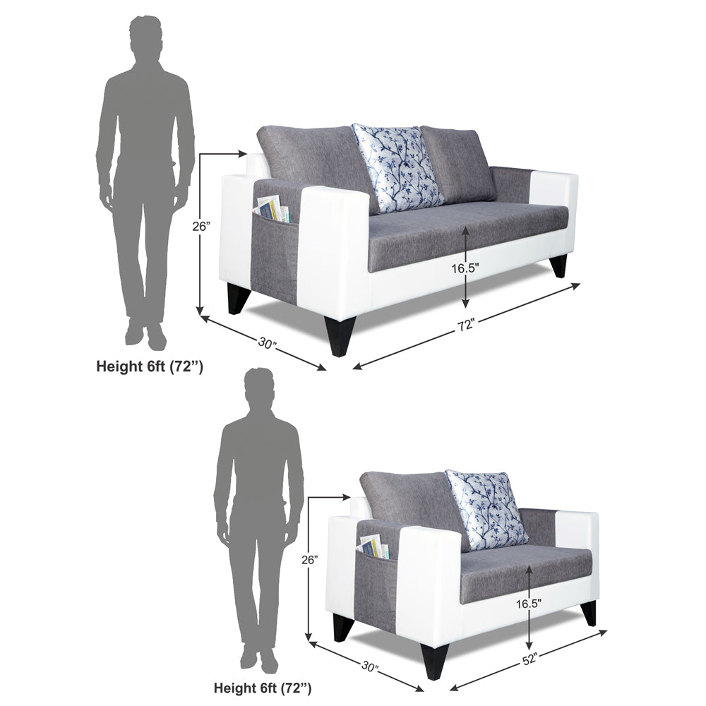 Adorn India Ashley Digitel Print Leatherette Fabric 3-2 Five Seater Sofa Set (Grey & White) (3 Year Warranty)