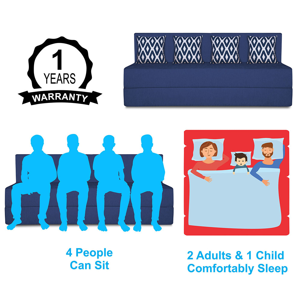 Adorn India Easy 4-Person Sofa Cum Bed (Rhombus Pattern) Chennile Fabric- Washable Cover- Including 4 Cushion- Size 6' X 6' Ft (Blue Color) Perfect for Home & Office for Guests