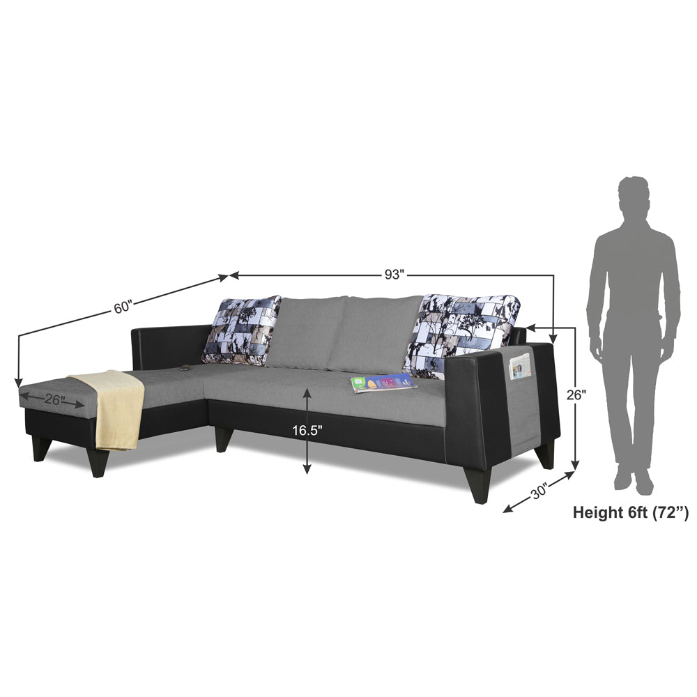 Adorn India Ashley L Shape 6 Seater Sofa Set Leatherette Fabric Digitel Print (Left Hand Side) (Grey & Black) (3 Year Warranty)