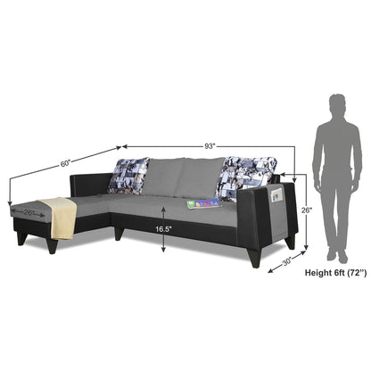 Adorn India Ashley L Shape 6 Seater Sofa Set Leatherette Fabric Digitel Print (Left Hand Side) (Grey & Black) (3 Year Warranty)