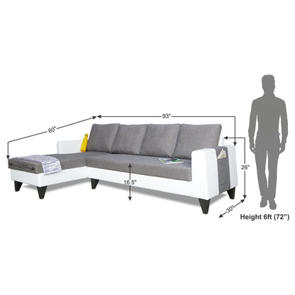 Adorn India Ashley Leatherette Fabric L Shape 6 Seater Sofa Set Plain (Left Hand Side) (Grey & White) (3 Year Warranty)