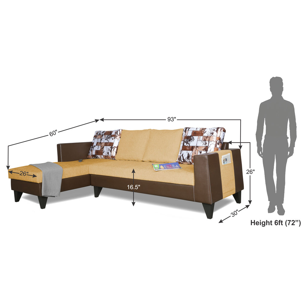 Adorn India Ashley L Shape 6 Seater Sofa Set Leatherette Fabric Digitel Print (Left Hand Side) (Brown & Beige) (3 Year Warranty)