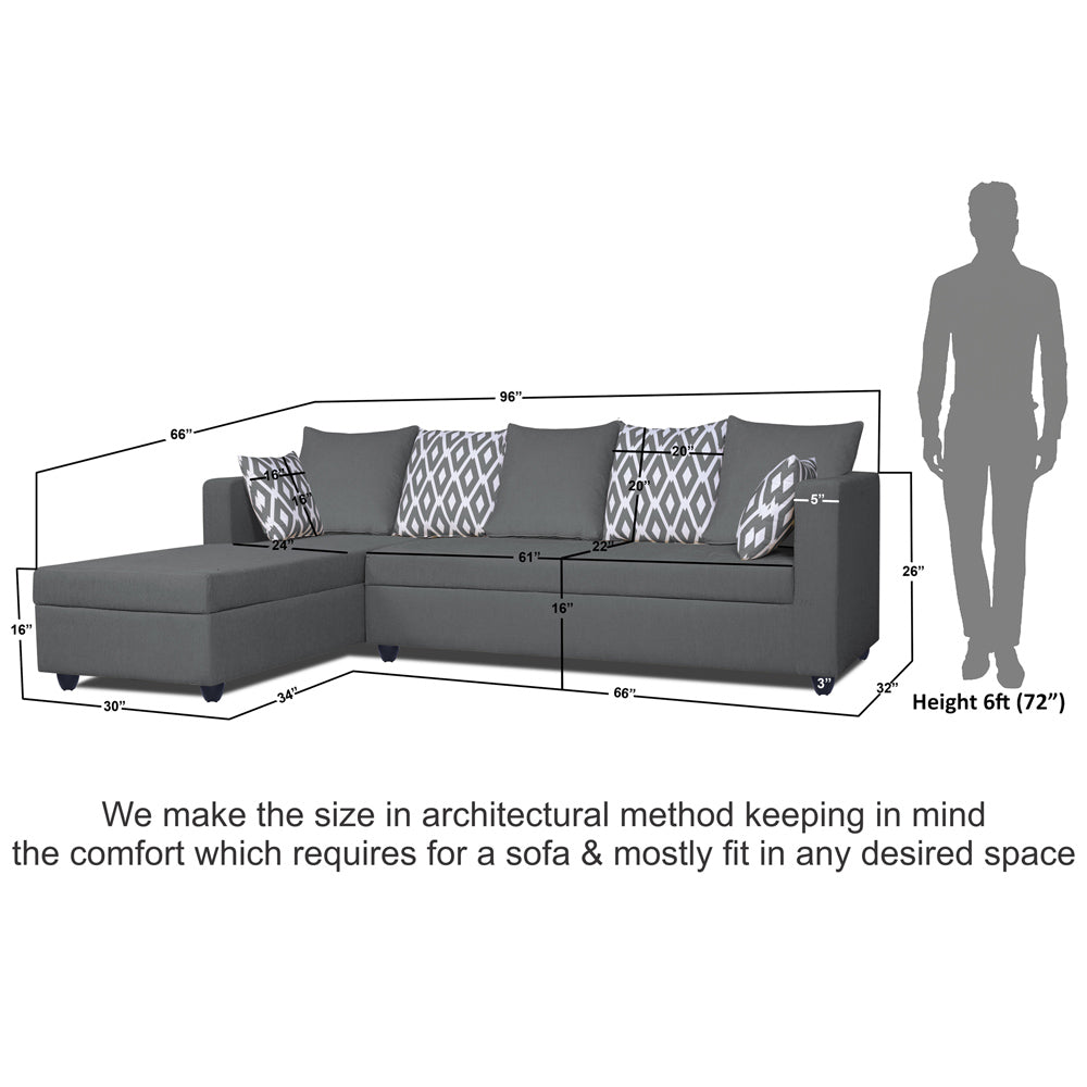 Adorn India Zink Straight line L Shape 5 Seater Sofa Rhombus Cushion (Left Side Handle)(Grey)