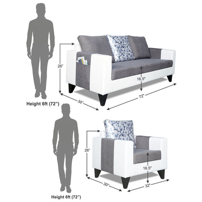 Adorn India Ashley Digitel Print Leatherette Fabric 3-1-1 Five Seater Sofa Set (Grey & White) (3 Year Warranty)