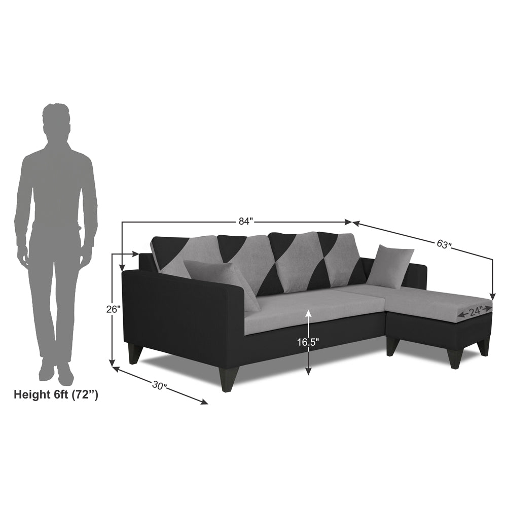 Adorn India Denver L Shape 5 Seater Sofa Set RHS (Grey & Black) (3 Year Warranty)