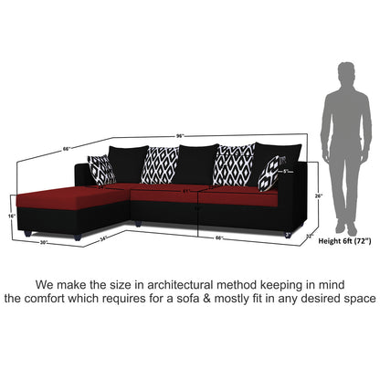 Adorn India Zink Straight line L Shape 5 Seater Sofa Rhombus Cushion (Left Side Handle)(Red & Black)
