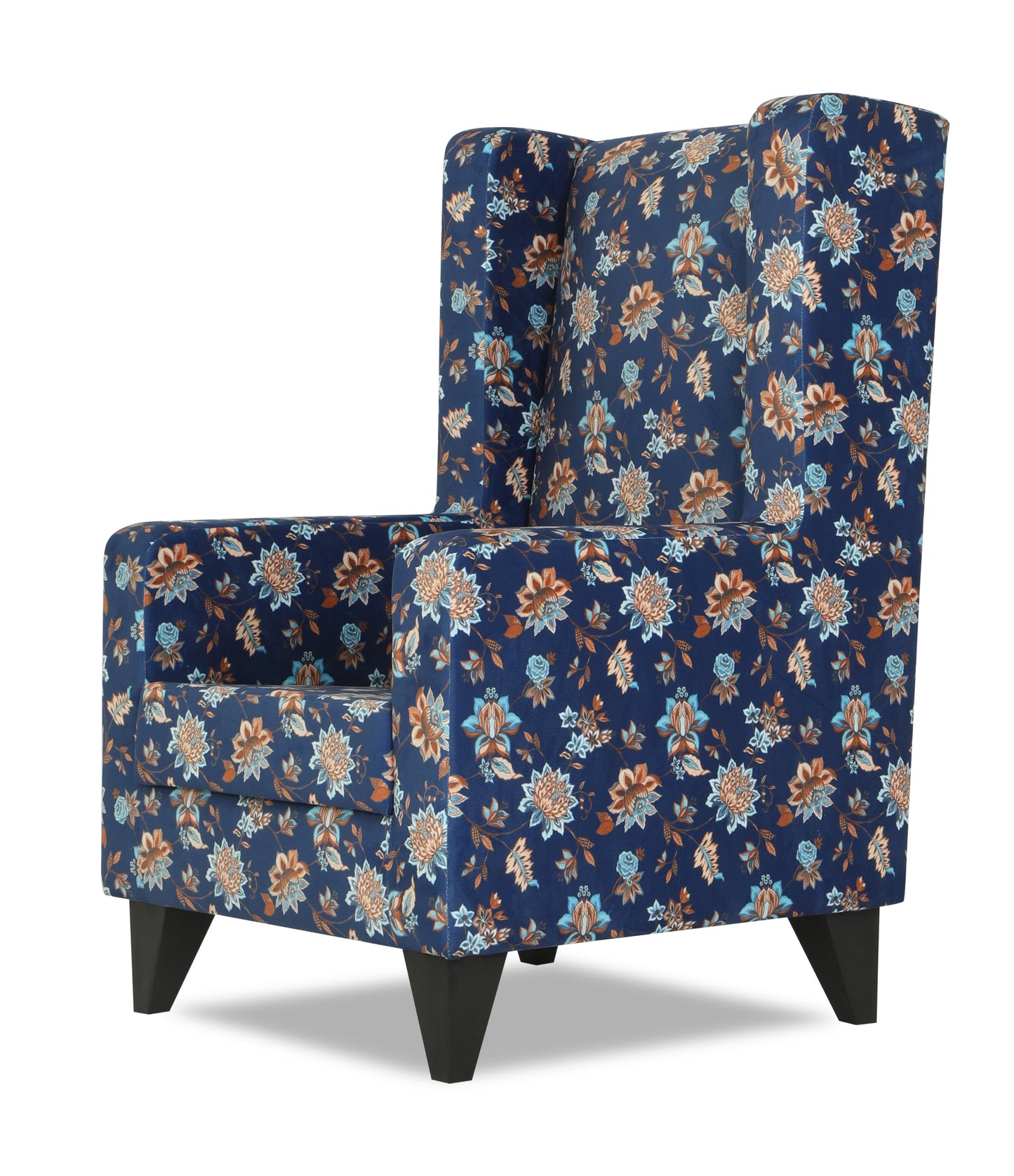 Adorn India Christopher 1 Seater Wing Chair Floral Print with Puffy (Blue)