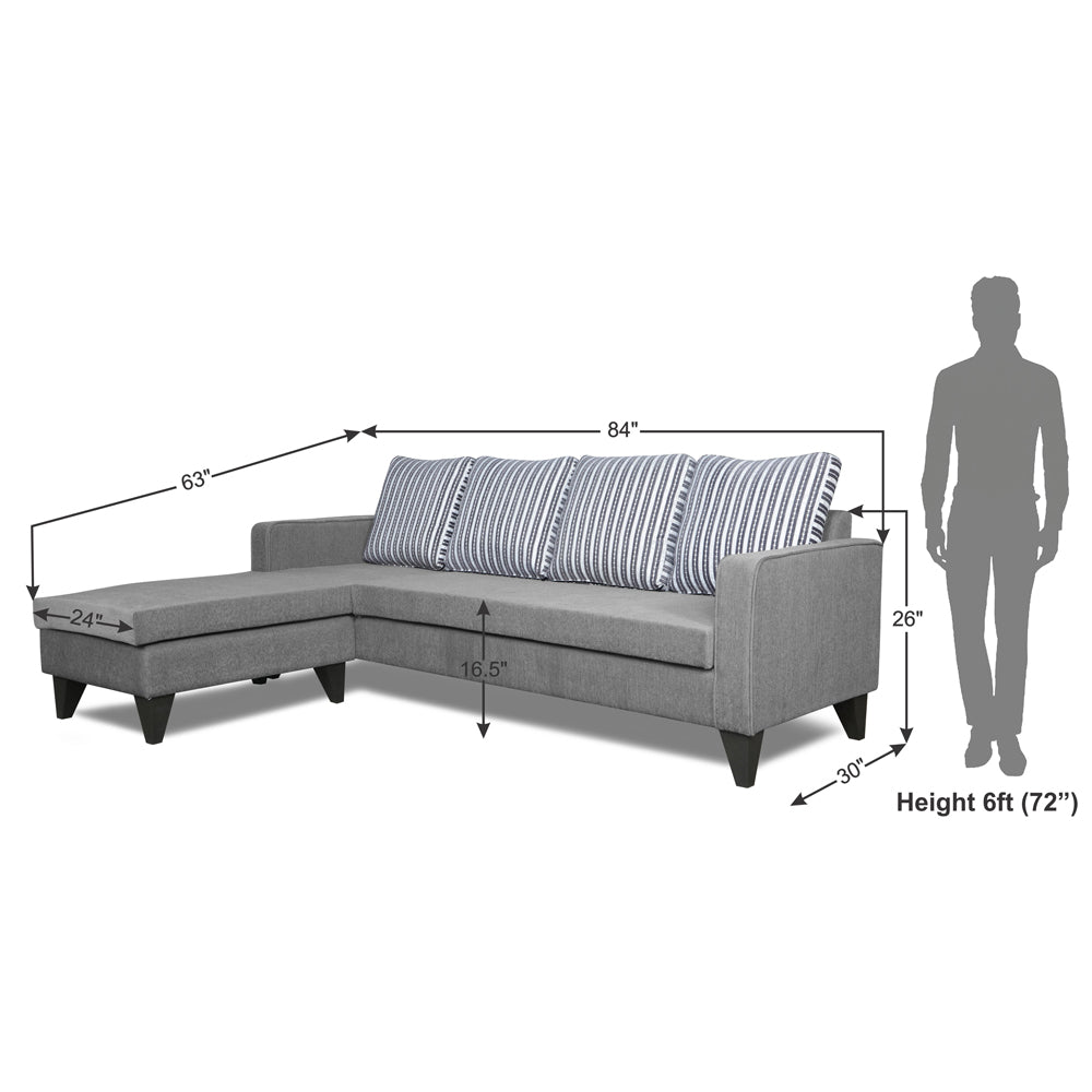Adorn India Chandler Stripes L Shape 5 Seater Sofa Set LHS (Grey) (3 Year Warranty)