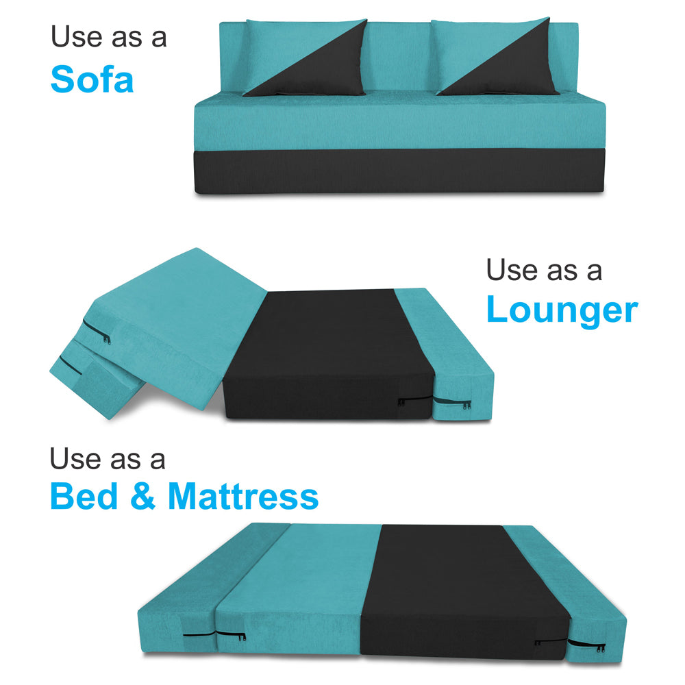 Adorn India Foam Easy Desmond 4 Seater Sofa Cum Bed 6 X 6 (Aqua Blue & Black) (1 Year Warranty)