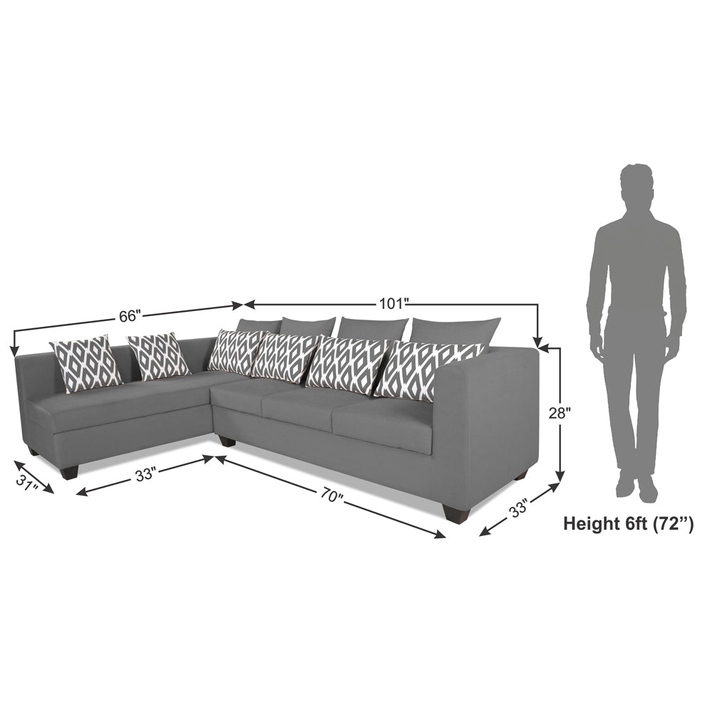 Adorn India Poland L Shape 6 Seater Sofa Set (Left Side) (Grey)