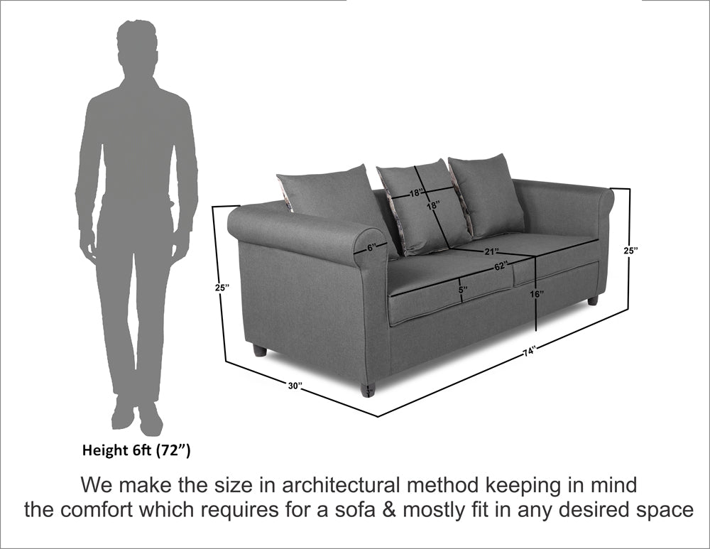 Adorn India Magnum 3 Seater Sofa (Light Grey), Wood, Foam