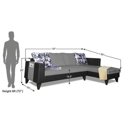 Adorn India Ashley L Shape 6 Seater Sofa Set Leatherette Fabric Digitel Print (Right Hand Side) (Grey & Black) (3 Year Warranty)