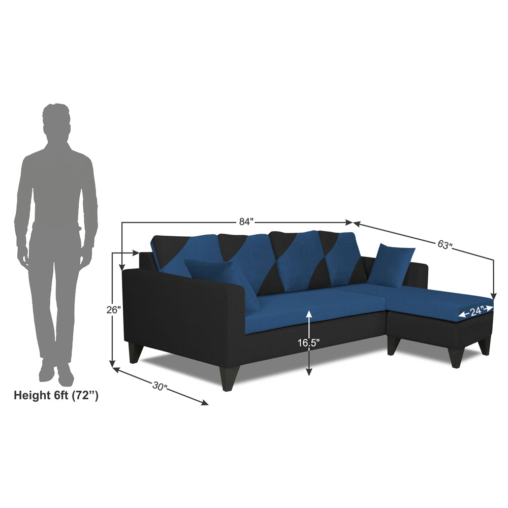 Adorn India Denver L Shape 5 Seater Sofa Set RHS (Blue & Black) (3 Year Warranty)