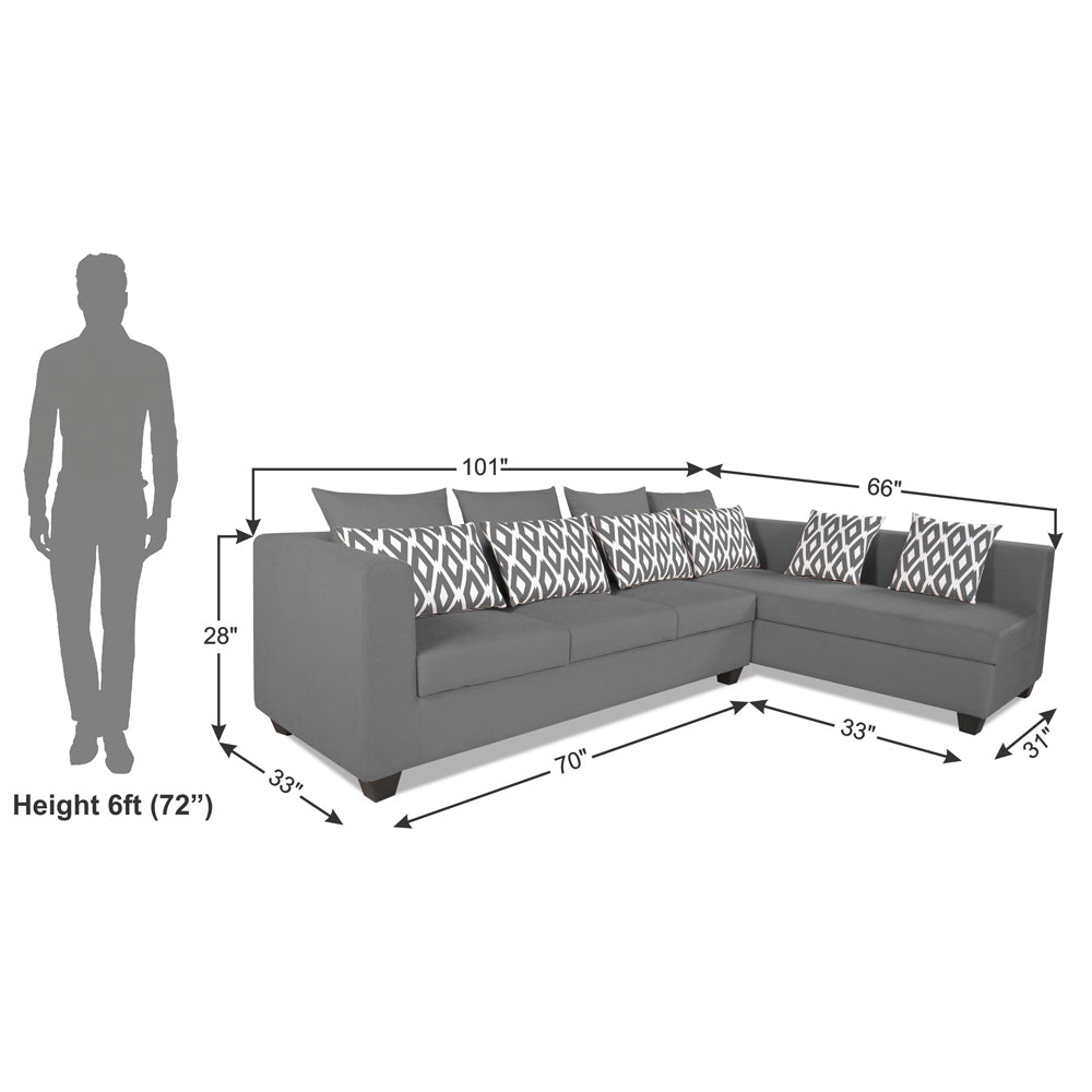 Adorn India Poland L Shape 6 Seater Sofa Set (Right Side) (Grey)