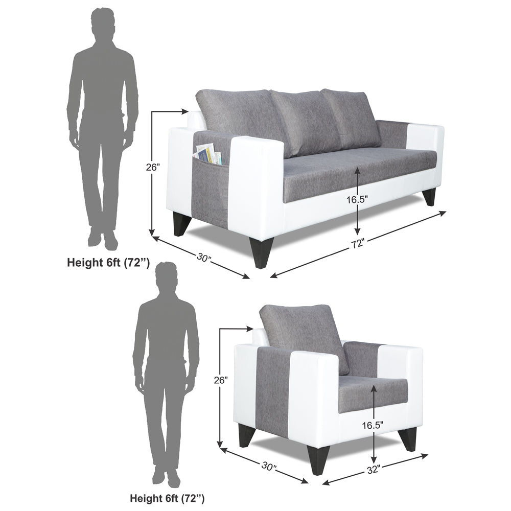 Adorn India Ashley Plain Leatherette Fabric 3-1-1 Five Seater Sofa Set (Grey & White) (3 Year Warranty)