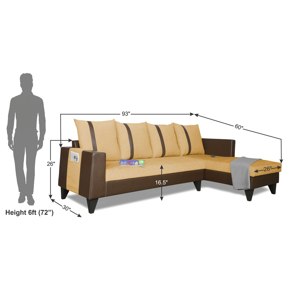 Adorn India Ashley L Shape 6 Seater Sofa Set Leatherette Fabric Stripes (Right Hand Side) (Brown & Beige) (3 Year Warranty)