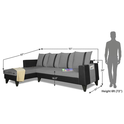Adorn India Ashley L Shape 6 Seater Sofa Set Leatherette Fabric Stripes (Left Hand Side) (Grey & Black) (3 Year Warranty)