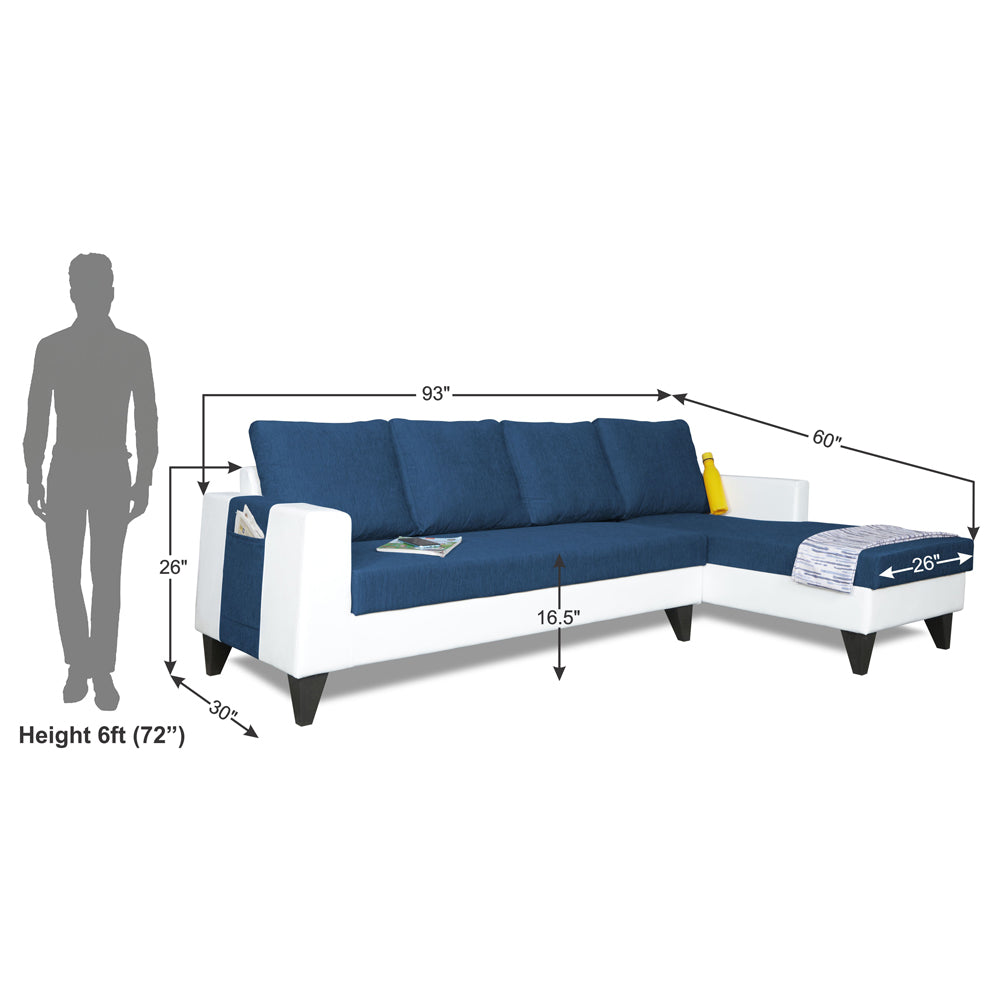 Adorn India Ashley Leatherette Fabric L Shape 6 Seater Sofa Set Plain (Right Hand Side) (Blue & White) (3 Year Warranty)