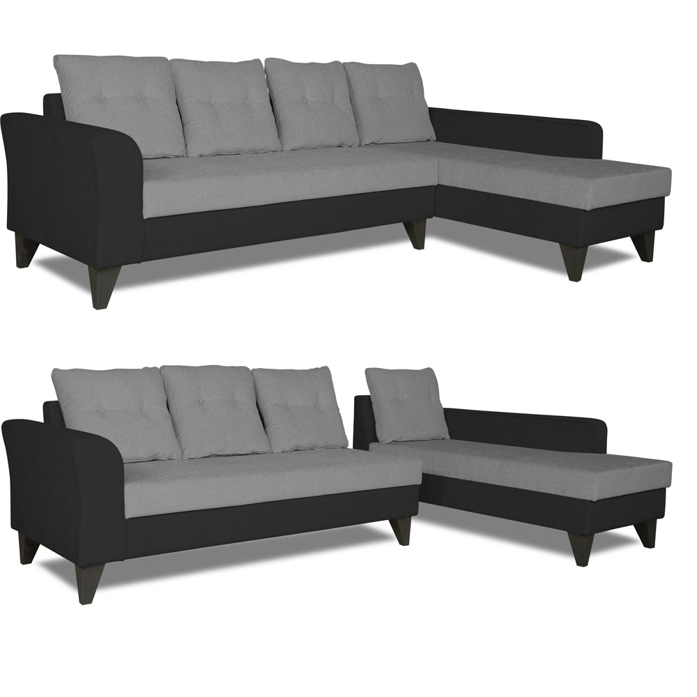 Adorn India Maddox Plain Two Tone L Shape 6 Seater Sofa Set RHS (Grey & Black) (3 Year Warranty)