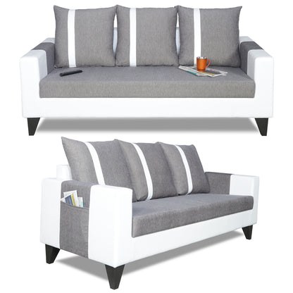 Adorn India Ashley Stripes Leatherette Fabric 3-2 Five Seater Sofa Set (Grey & White) (3 Year Warranty)