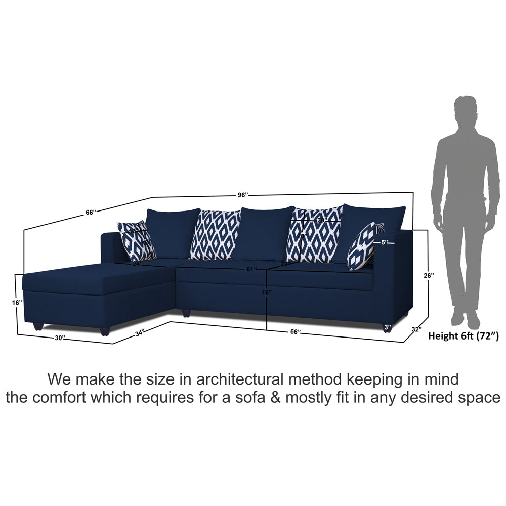 Adorn India Zink Straight line L Shape 5 Seater Sofa Rhombus Cushion (Left Side Handle) Blue