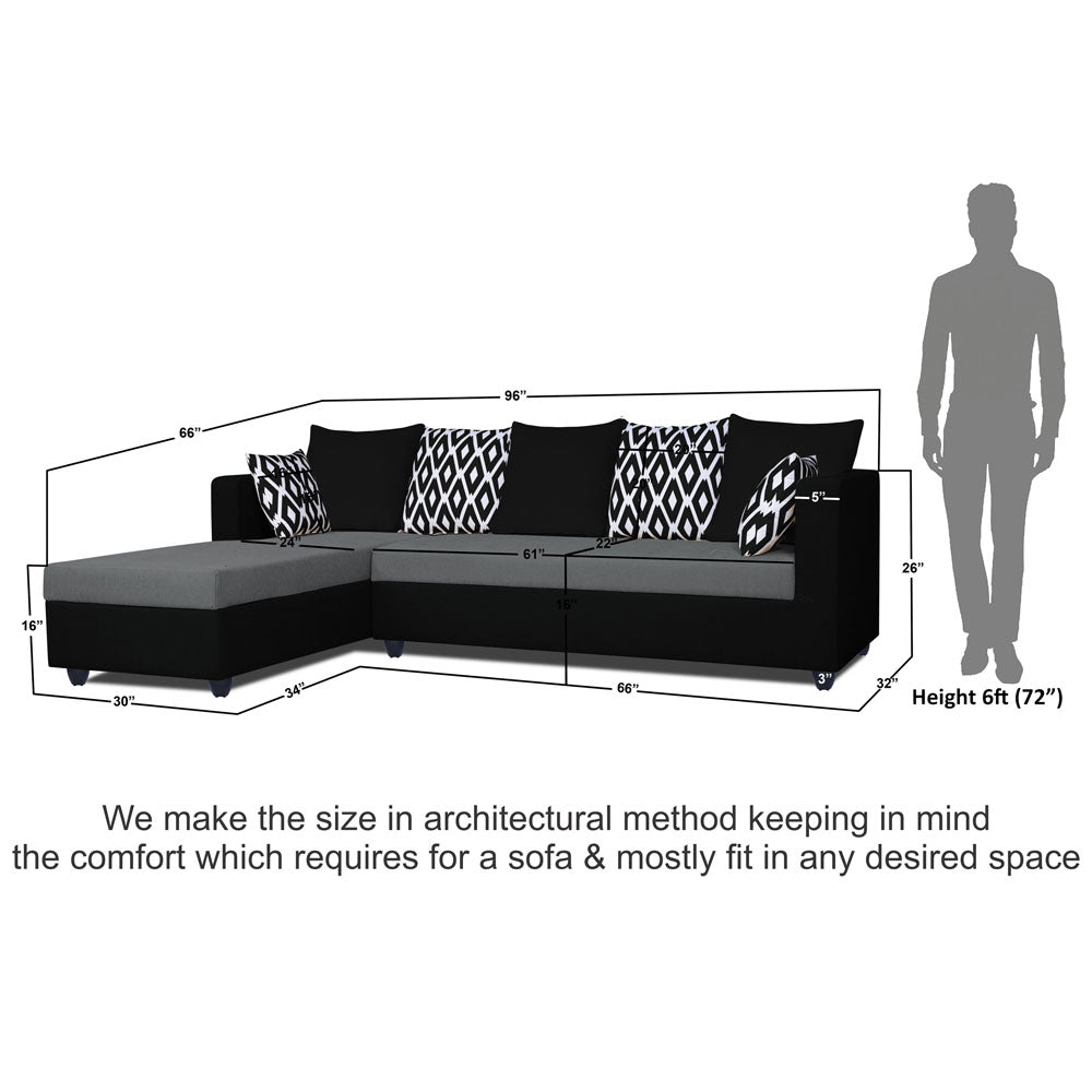 Adorn India Zink Straight line L Shape 6 Seater Sofa Rhombus Cushion (Left Side Handle)(Grey & Black)