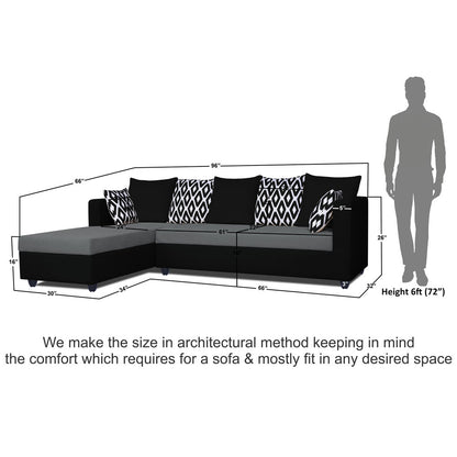 Adorn India Zink Straight line L Shape 6 Seater Sofa Rhombus Cushion (Left Side Handle)(Grey & Black)