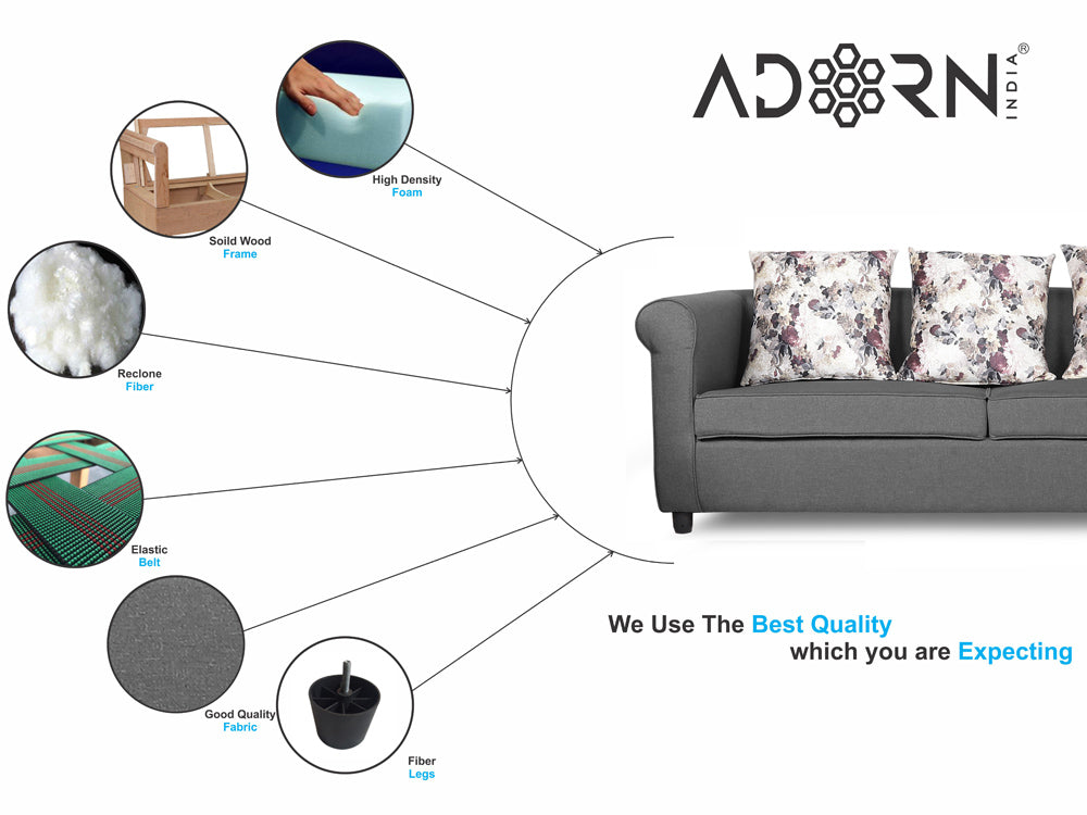 Adorn India Magnum 3 Seater Sofa (Light Grey), Wood, Foam