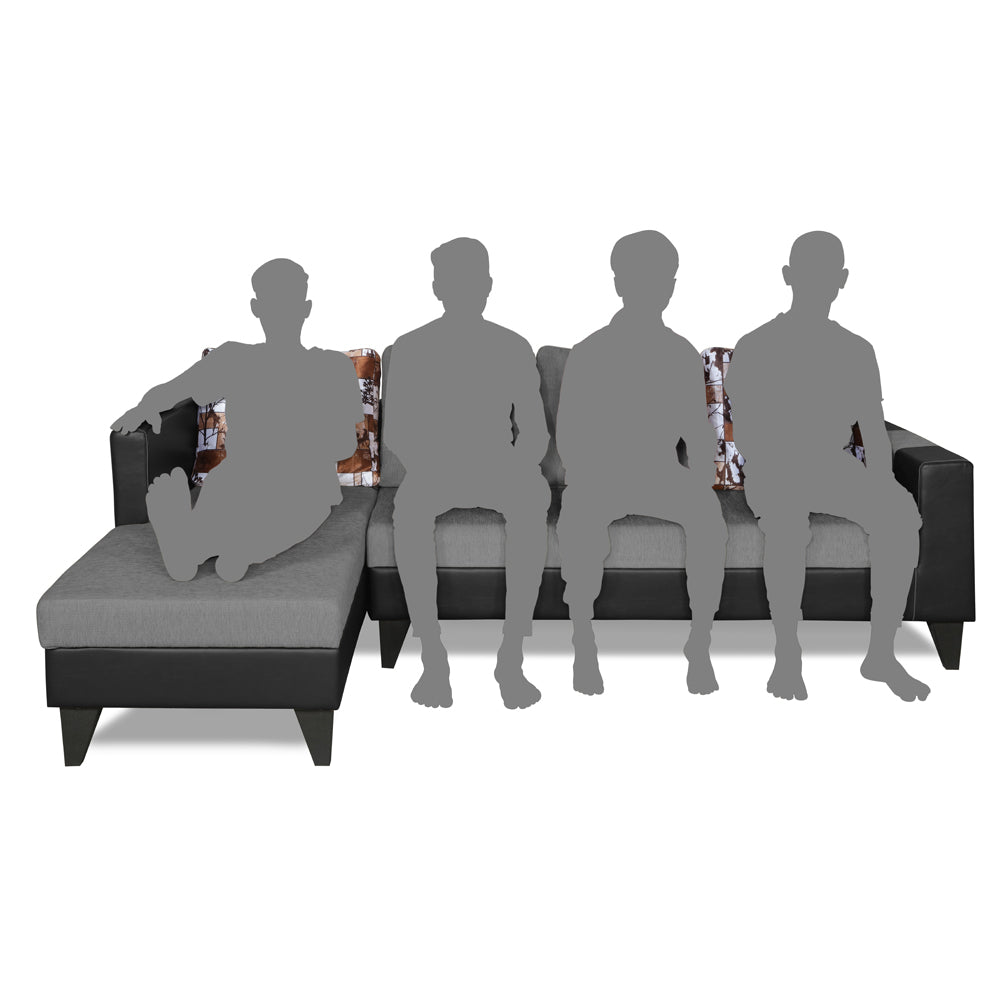 Adorn India Ashley L Shape 6 Seater Sofa Set Leatherette Fabric Digitel Print (Left Hand Side) (Grey & Black) (3 Year Warranty)